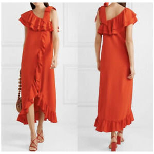 GANNI Clark Rare Ruffle Crepe Maxi Dress in Big Apple Red